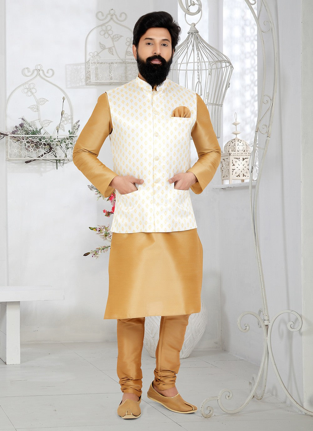 Fancy Work Dupion Silk Beige, White Kurta Payjama With Jacket - M5499