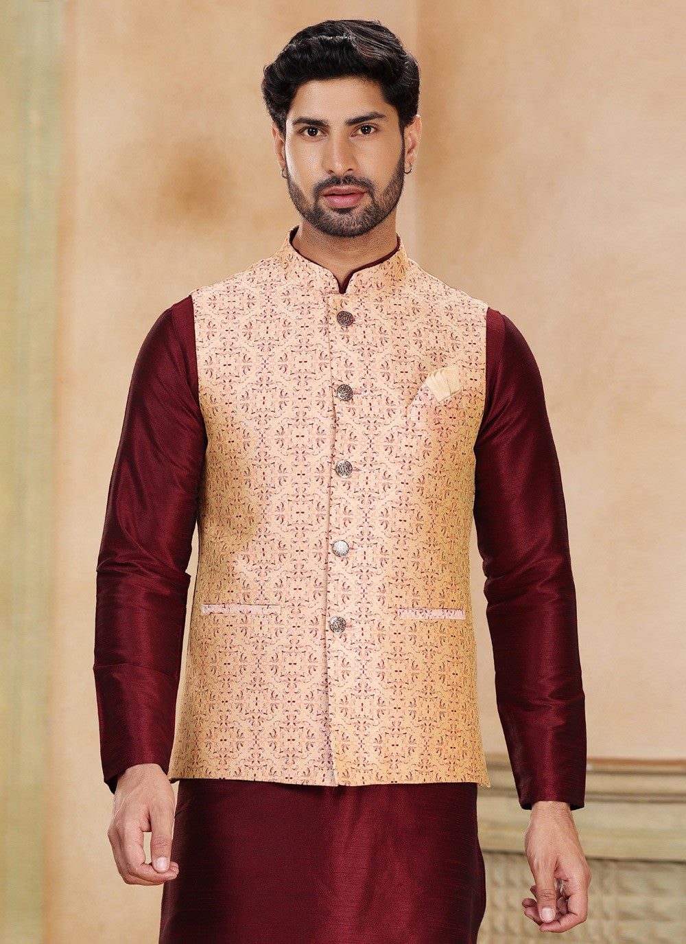 Fancy Work Jacquard Silk Beige, Wine Kurta Payjama With Jacket - M5202