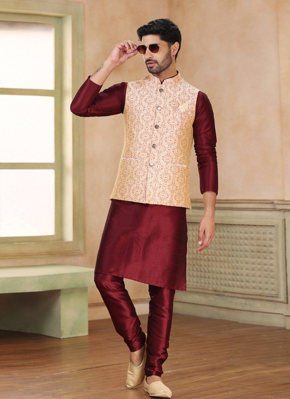 Fancy Work Jacquard Silk Beige, Wine Kurta Payjama With Jacket - M5202