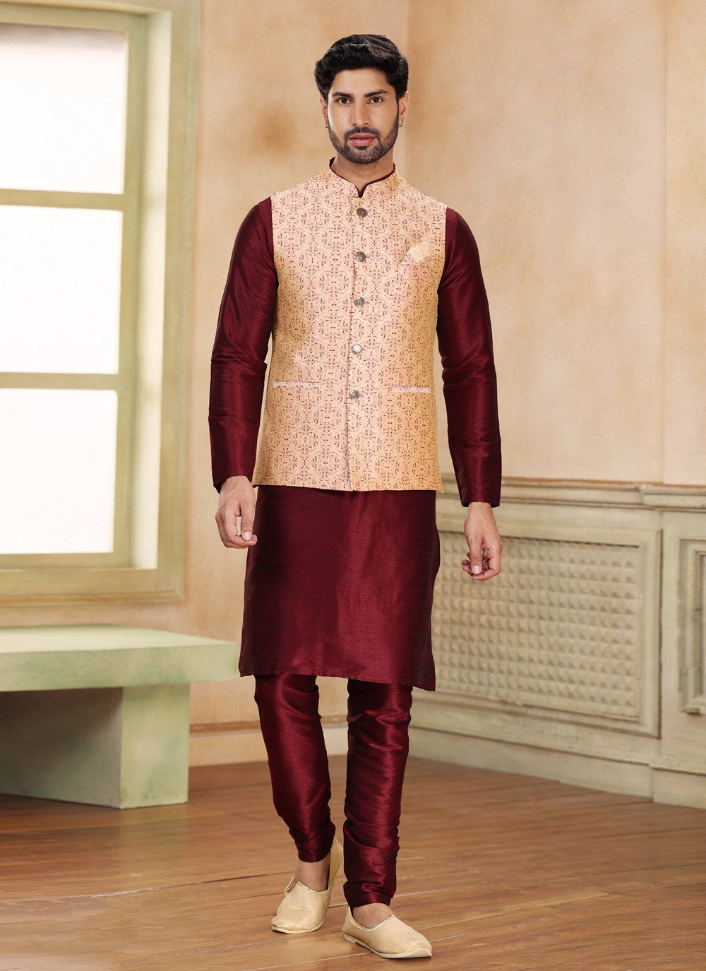 Fancy Work Jacquard Silk Beige, Wine Kurta Payjama With Jacket - M5202