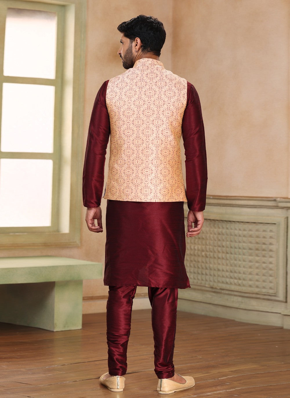 Fancy Work Jacquard Silk Beige, Wine Kurta Payjama With Jacket - M5202