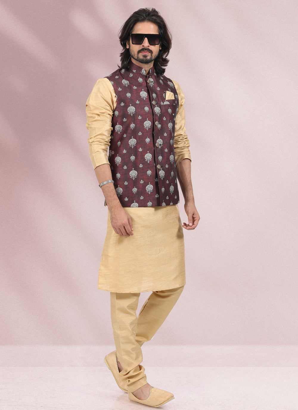 Printed Banarasi Silk Beige, Wine Kurta Payjama With Jacket - M4581