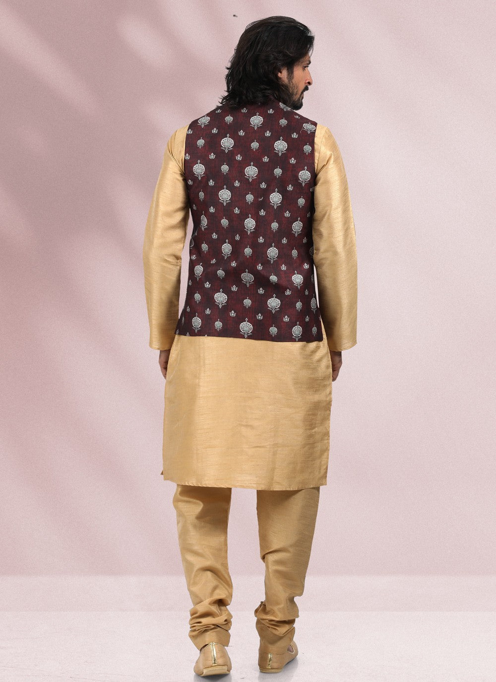 Printed Banarasi Silk Beige, Wine Kurta Payjama With Jacket - M4581