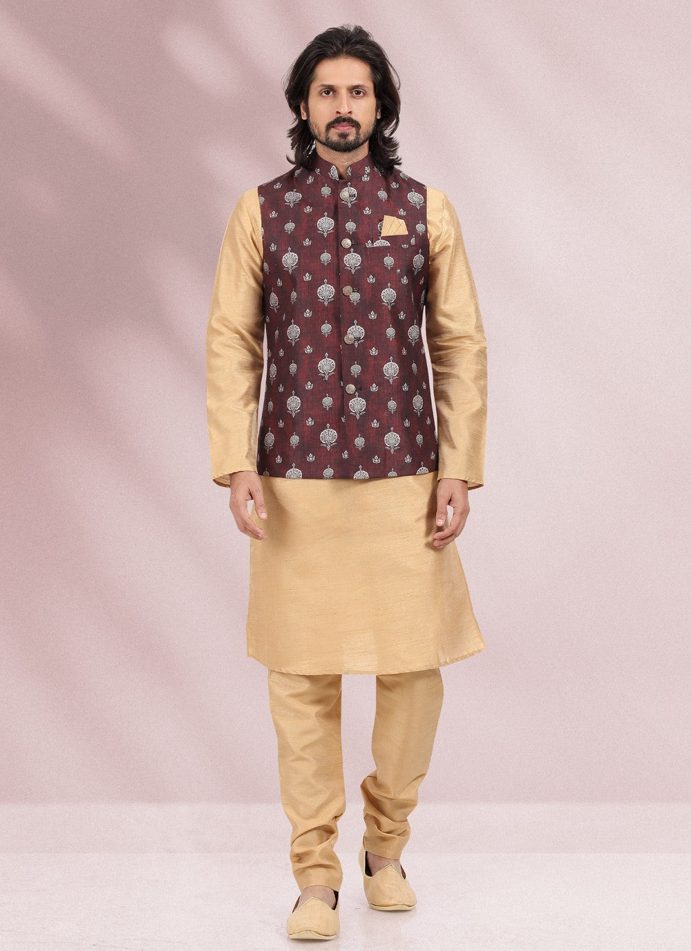 Printed Banarasi Silk Beige, Wine Kurta Payjama With Jacket - M4581