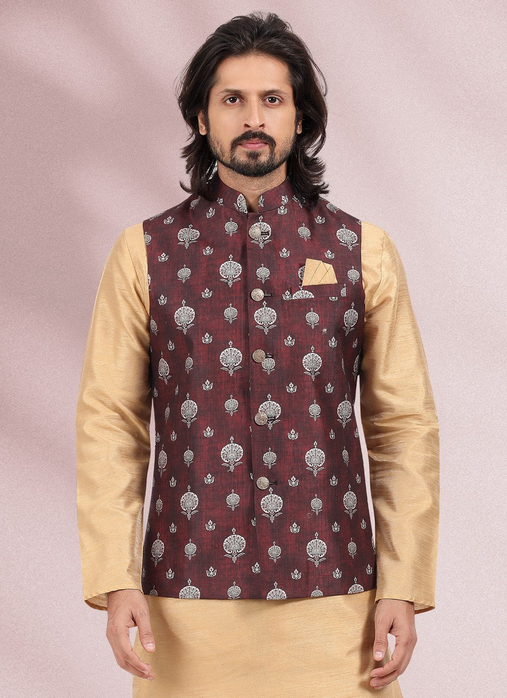 Printed Banarasi Silk Beige, Wine Kurta Payjama With Jacket - M4581