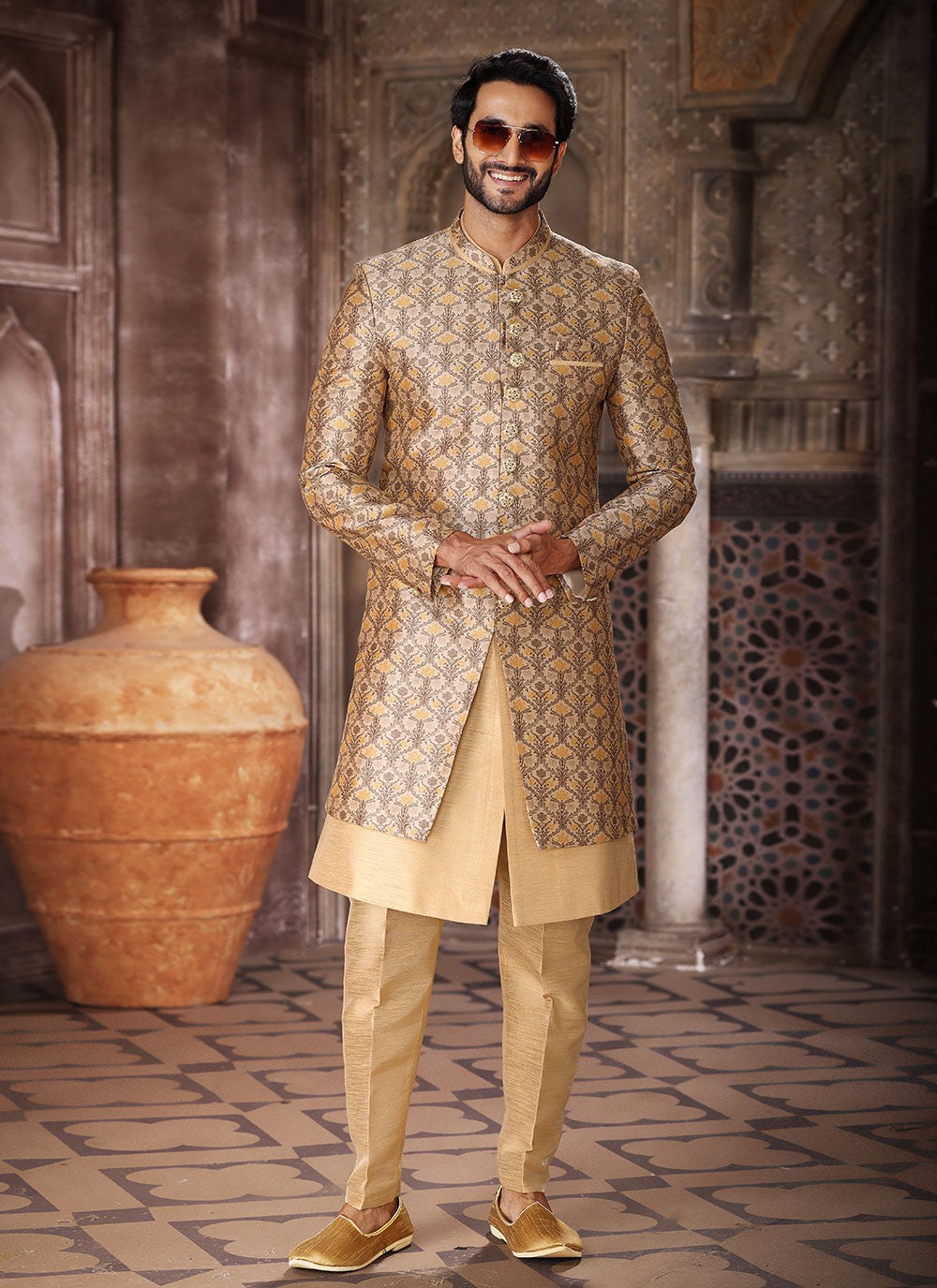 Embroidered Art Silk Beige, Yellow Indo Western - M5274