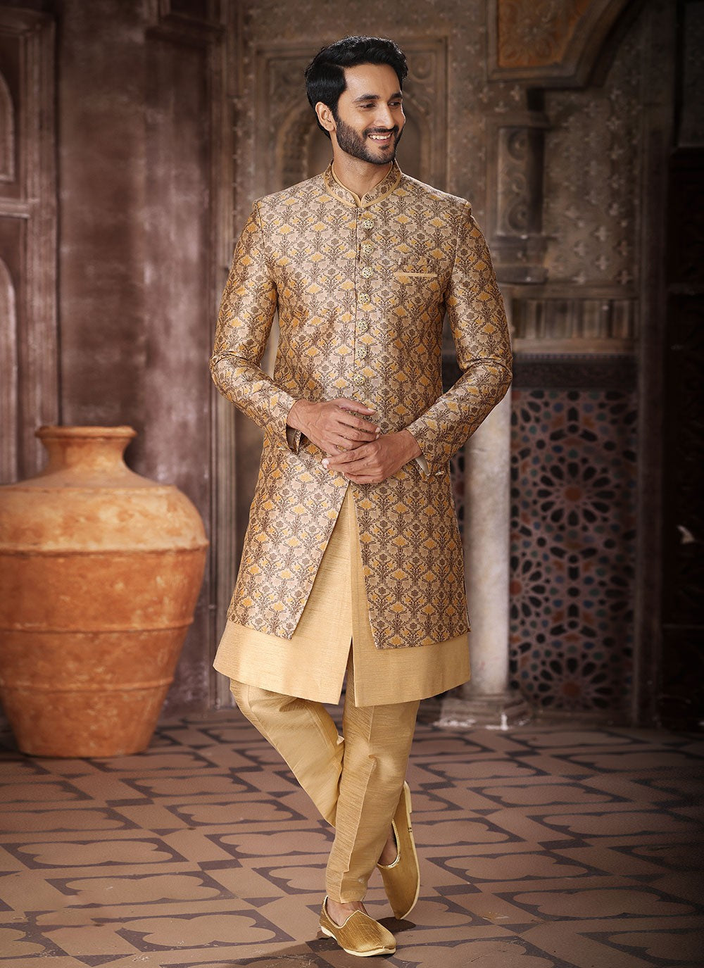 Embroidered Art Silk Beige, Yellow Indo Western - M5274