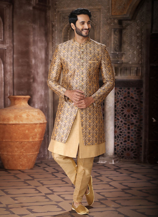 Embroidered Art Silk Beige, Yellow Indo Western - M5274