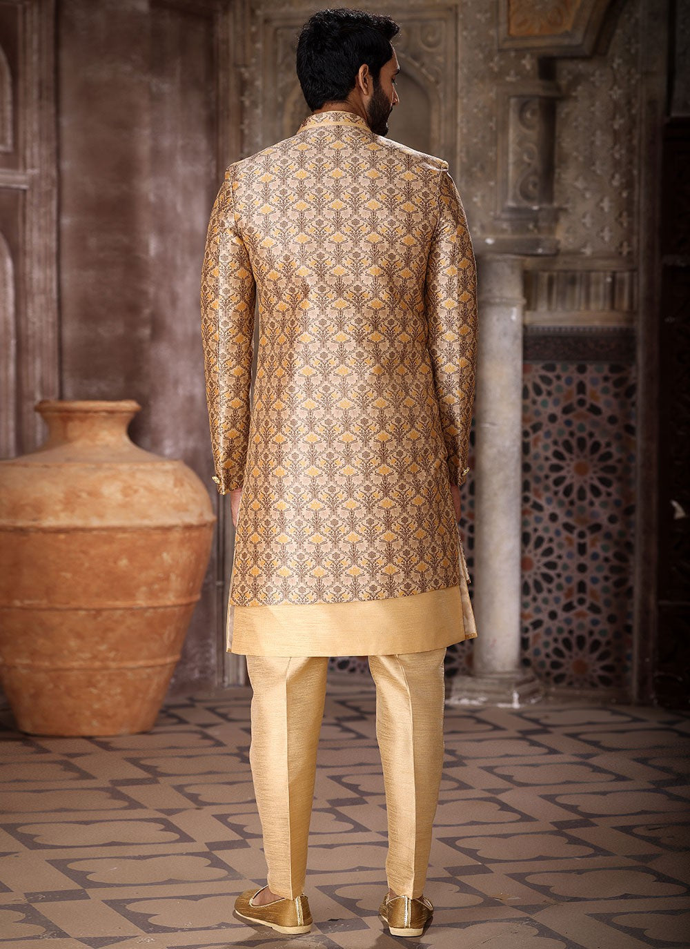 Embroidered Art Silk Beige, Yellow Indo Western - M5274