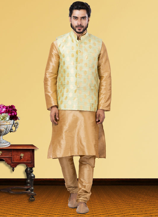 Jacquard Work Dupion Silk Beige, Yellow Kurta Payjama With Jacket - M3749