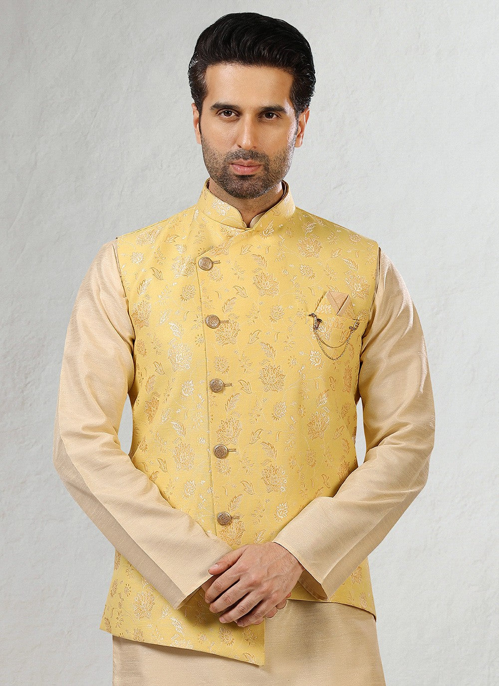 Jacquard Work Banarasi Silk, Jacquard Beige, Yellow Kurta Payjama With Jacket - M2351