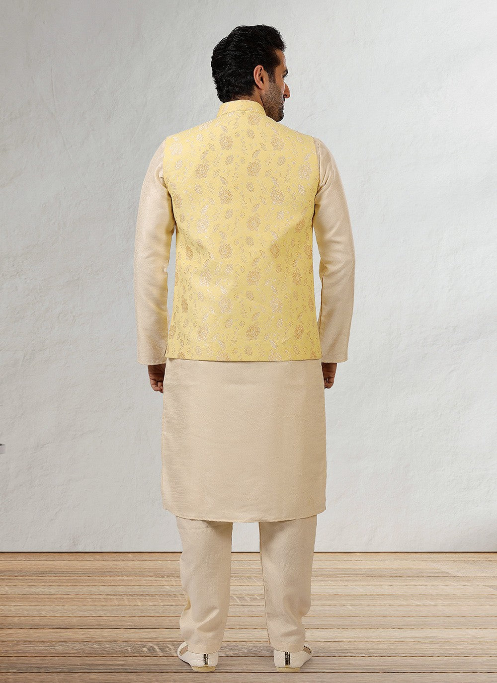 Jacquard Work Banarasi Silk, Jacquard Beige, Yellow Kurta Payjama With Jacket - M2351