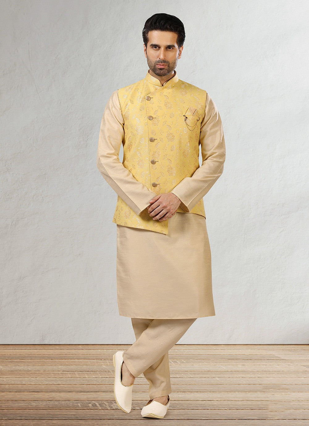 Jacquard Work Banarasi Silk, Jacquard Beige, Yellow Kurta Payjama With Jacket - M2351