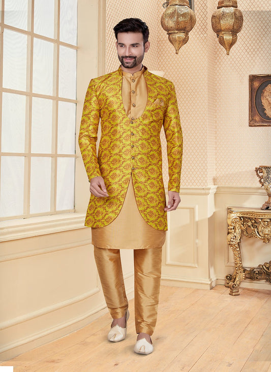 Digital Print Dupion Silk, Silk Beige, Yellow Indo Western - M2941