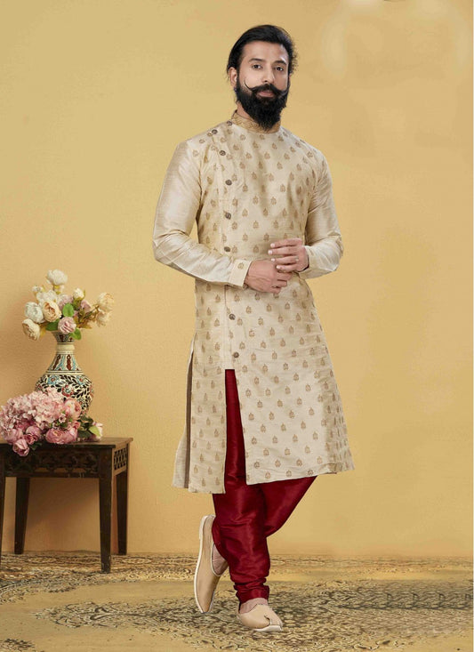 Embroidered Art Silk Beige Kurta Pyjama - M1863