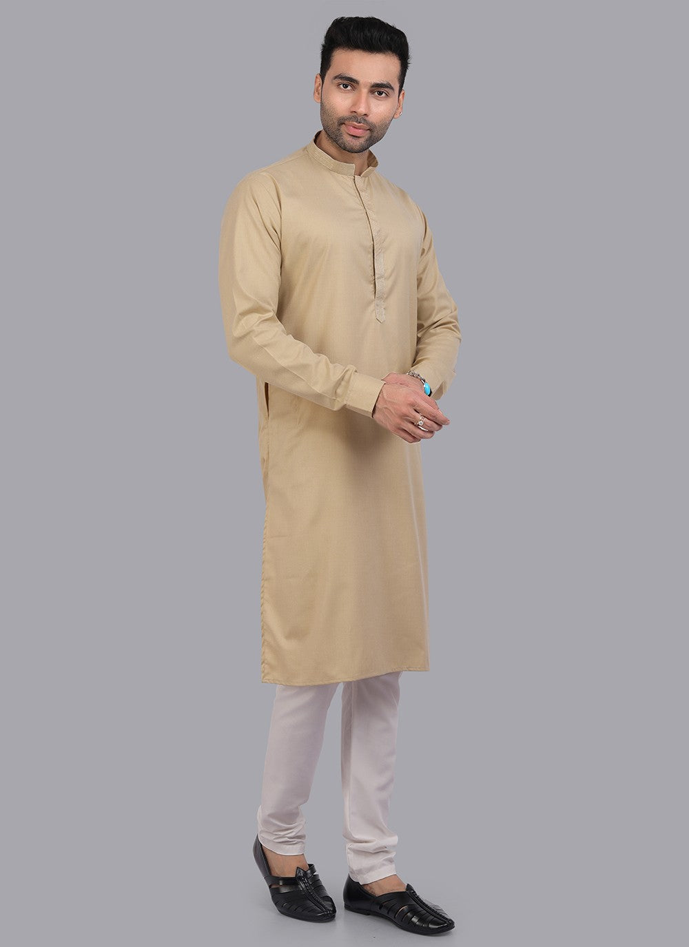 Plain Art Silk Beige Kurta Pyjama - M6726