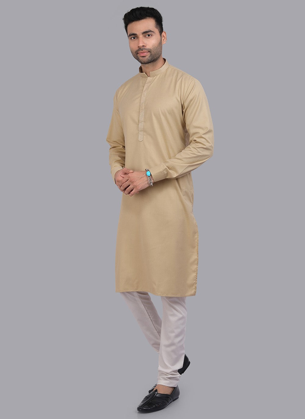 Plain Art Silk Beige Kurta Pyjama - M6726