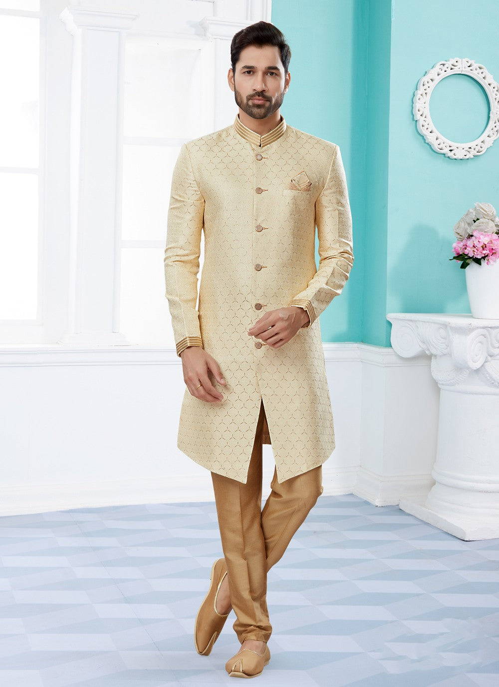 Thread Banarasi Jacquard Beige Indo Western Sherwani - M3921