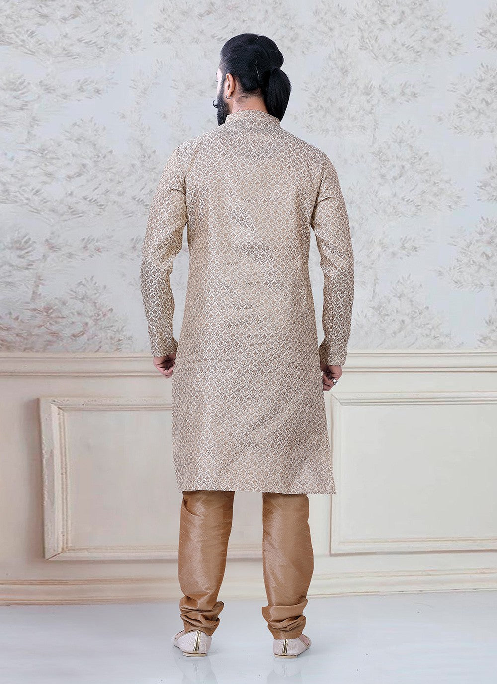 Jacquard Work Brocade Beige Kurta Pyjama - M3092