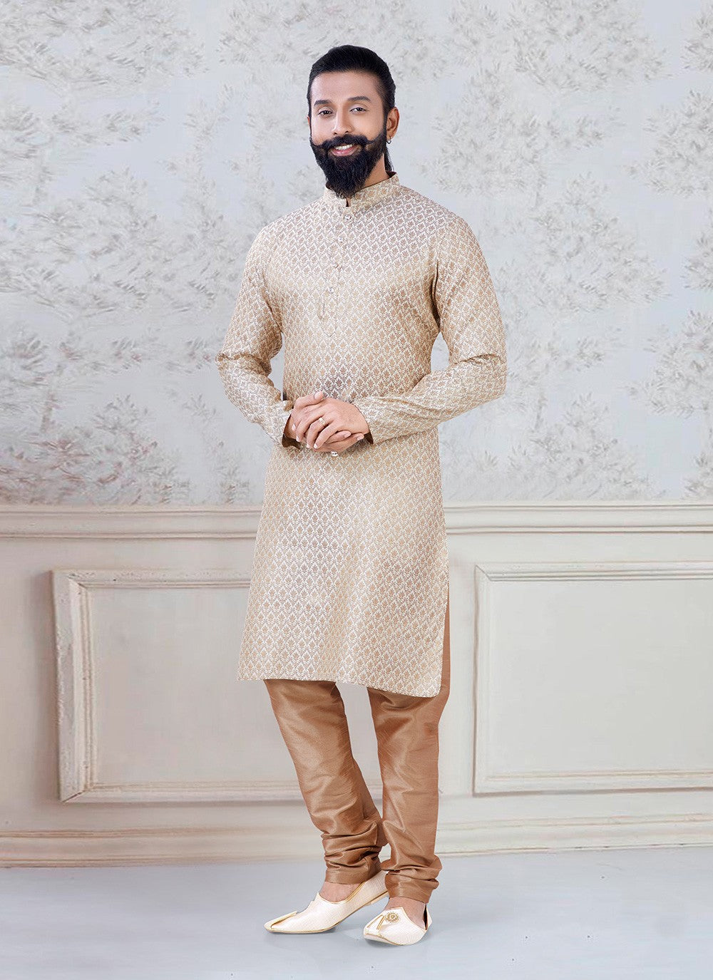 Jacquard Work Brocade Beige Kurta Pyjama - M3092