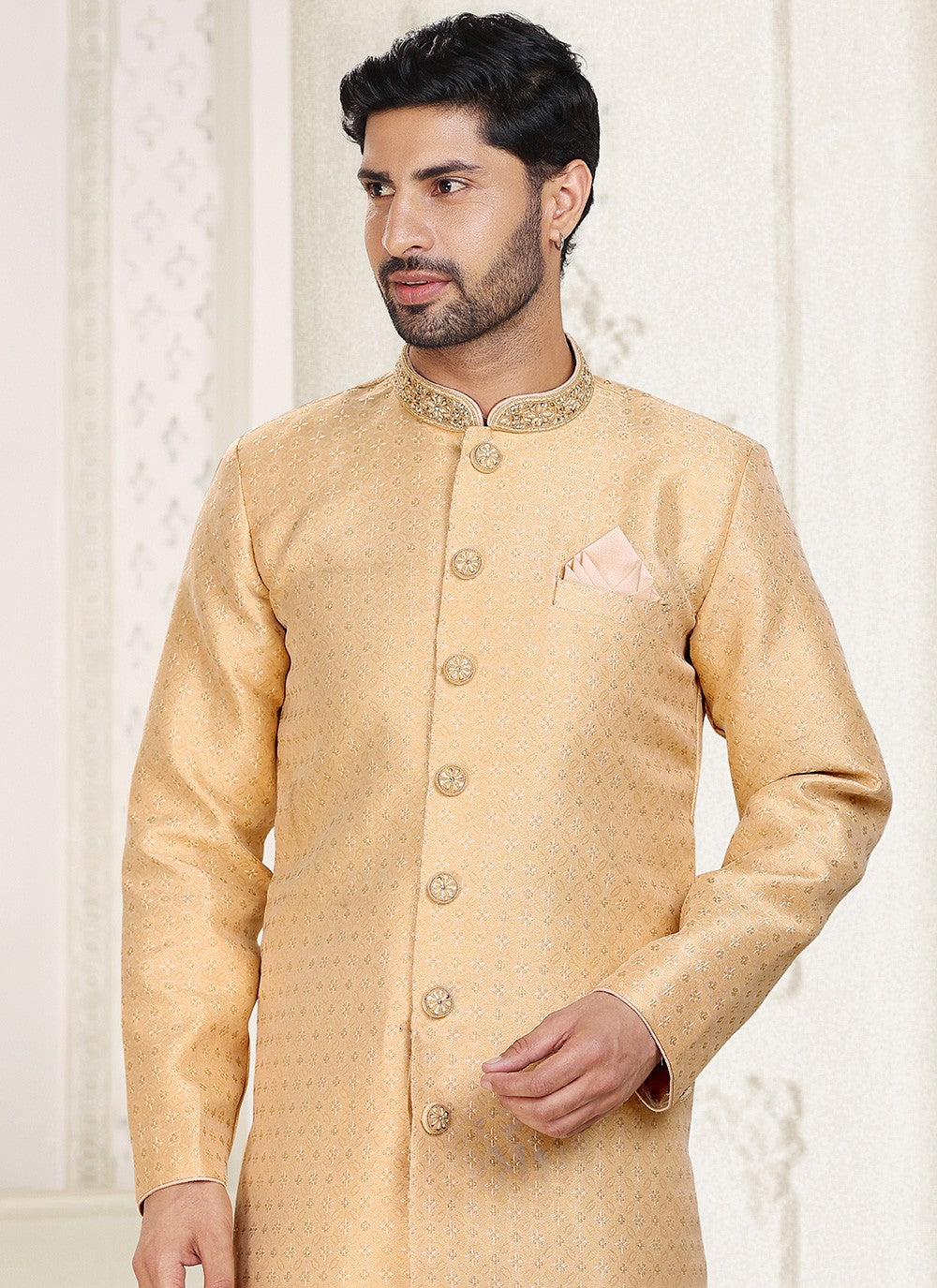 Fancy Work Banarasi Jacquard Beige Indo Western - M5207