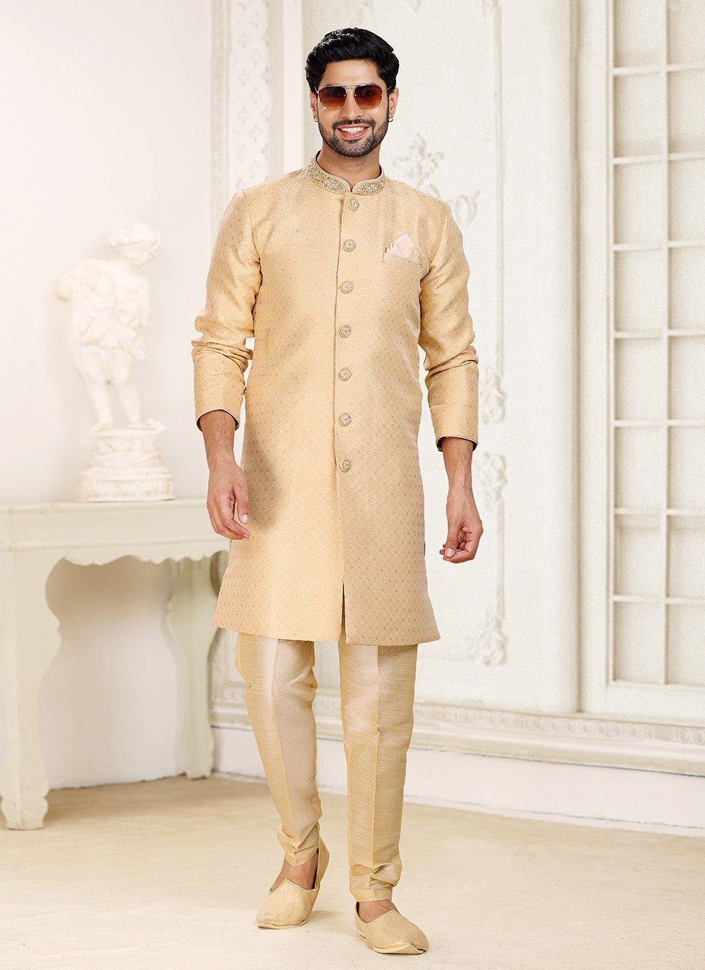 Fancy Work Banarasi Jacquard Beige Indo Western - M5207