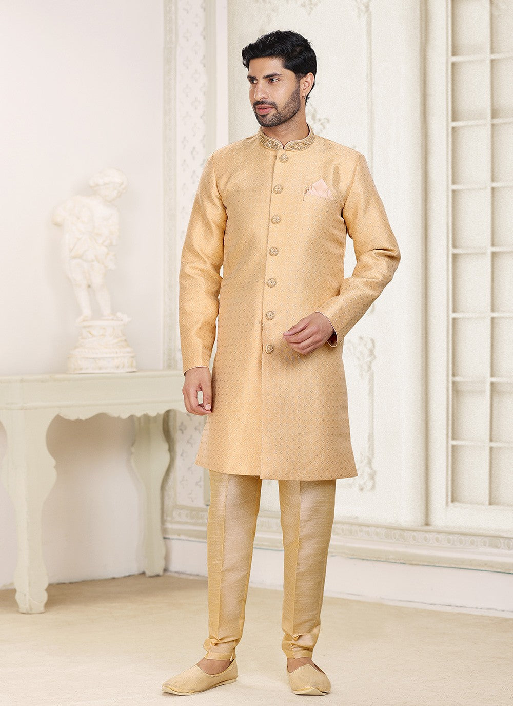 Fancy Work Banarasi Jacquard Beige Indo Western - M5207