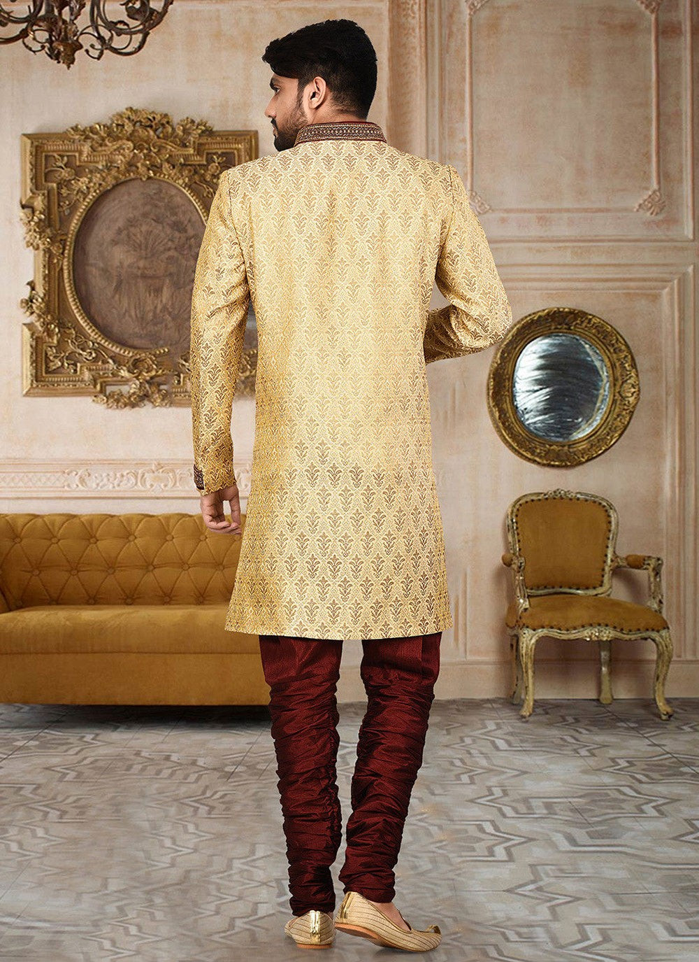 Embroidered Jamawar Beige Indo Western Sherwani - M2763