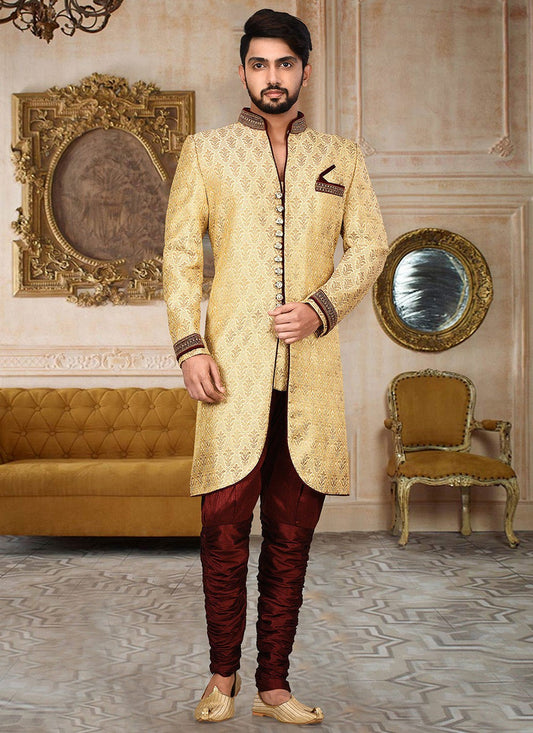 Embroidered Jamawar Beige Indo Western Sherwani - M2763