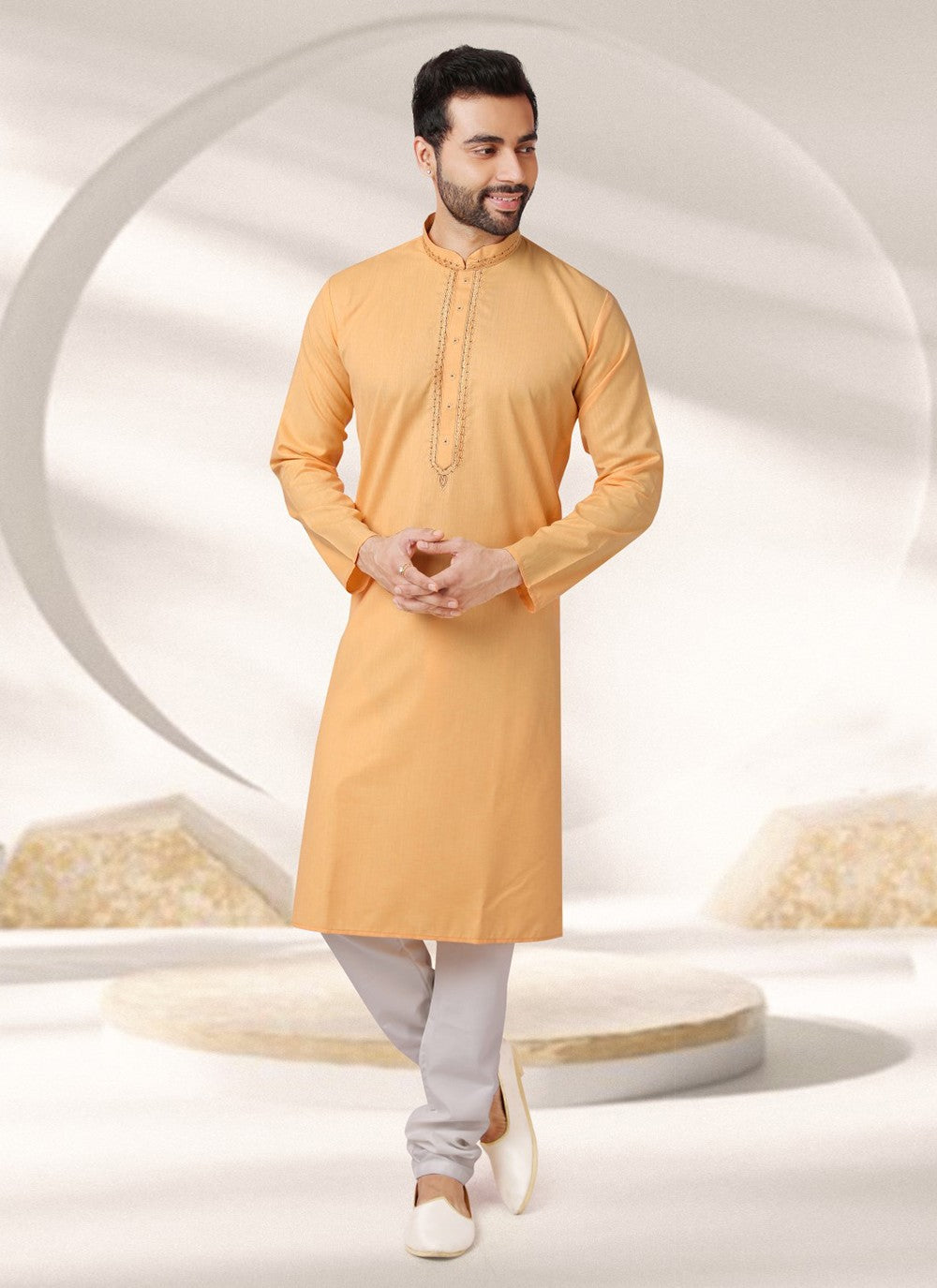 Embroidered Cotton , Rayon Beige Kurta Pyjama - M7001