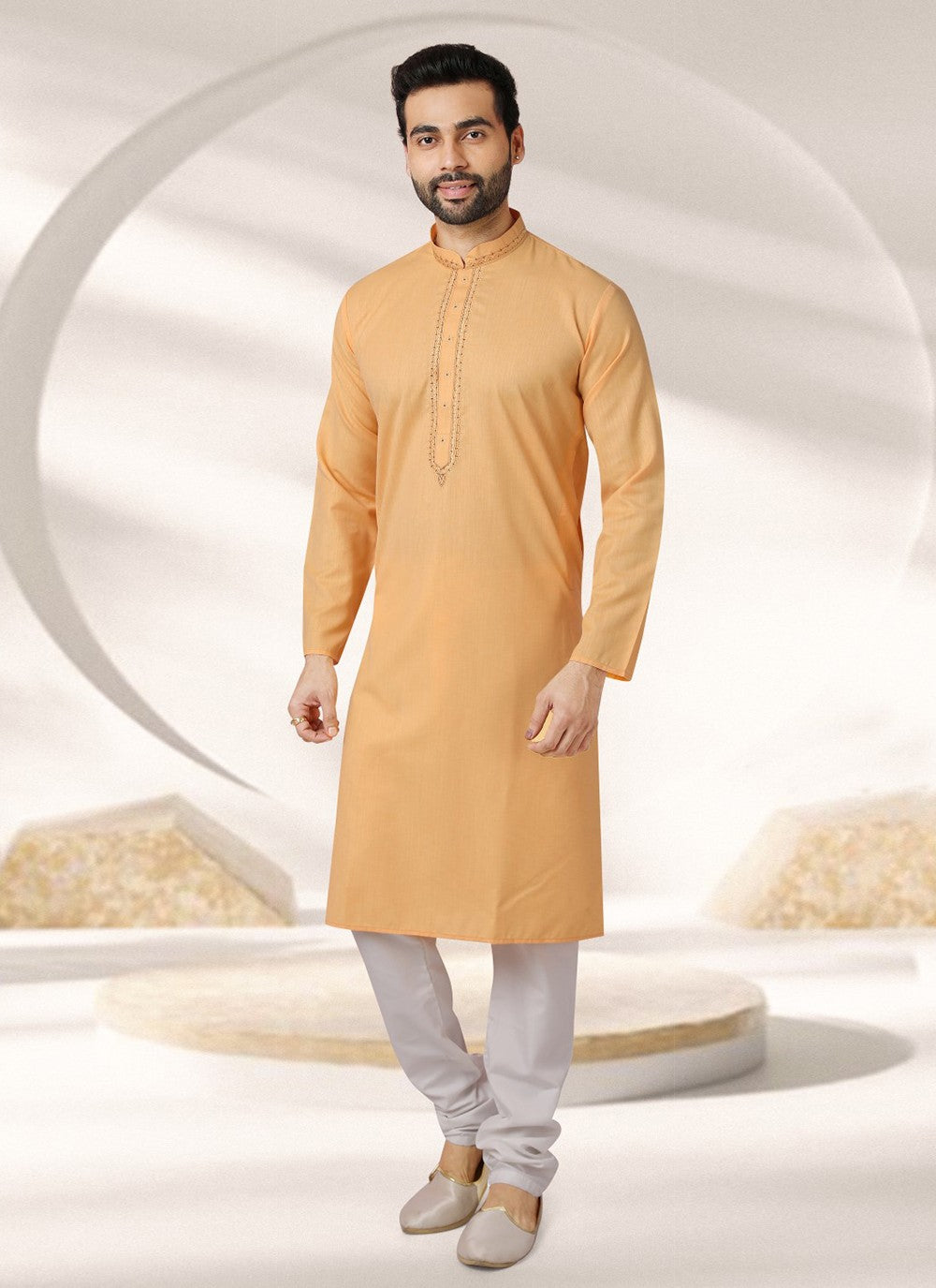 Embroidered Cotton , Rayon Beige Kurta Pyjama - M7001