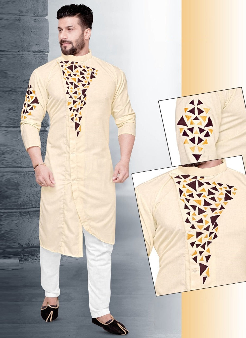 Resham Cotton Beige Kurta Pyjama - M2195