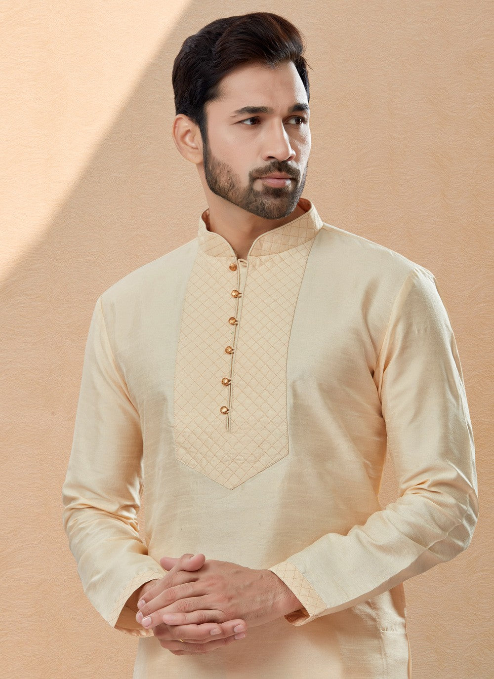 Embroidered Dupion Silk Beige Kurta Pyjama - M4049