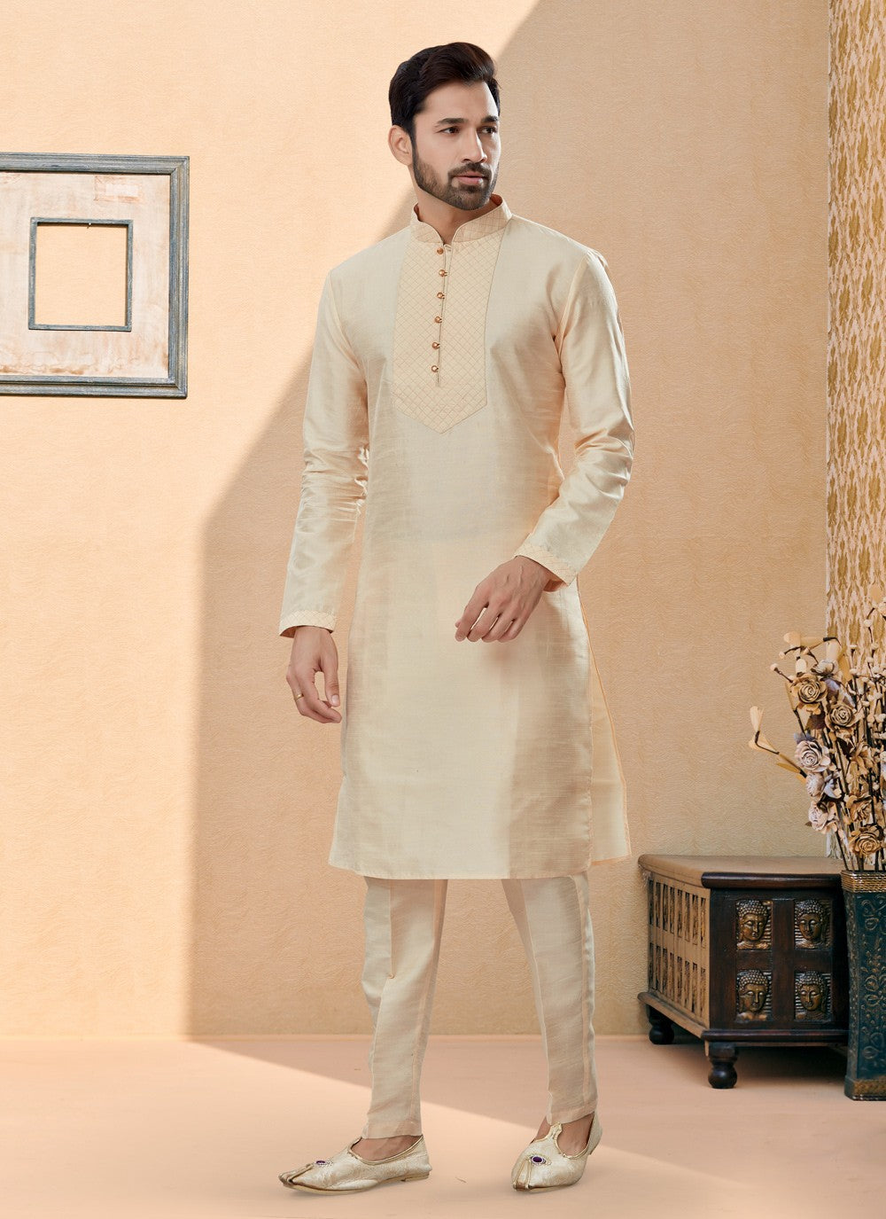 Embroidered Dupion Silk Beige Kurta Pyjama - M4049