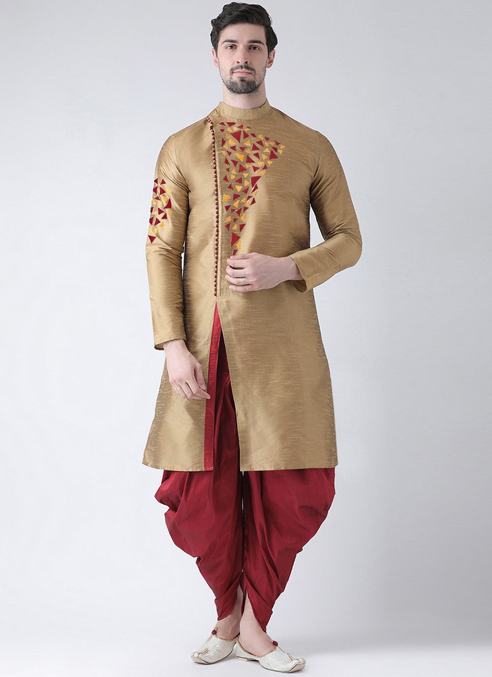 Embroidered Dupion Silk Beige Dhoti Kurta - M2077