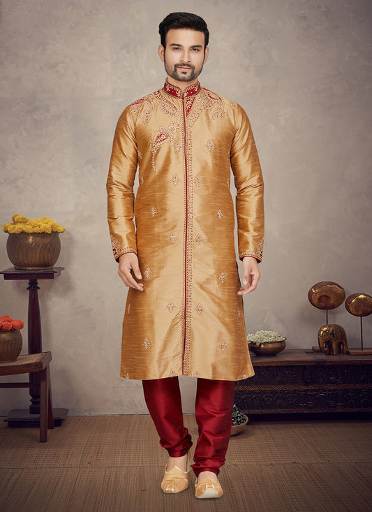 Embroidered Art Silk Beige Kurta Pyjama - M5875