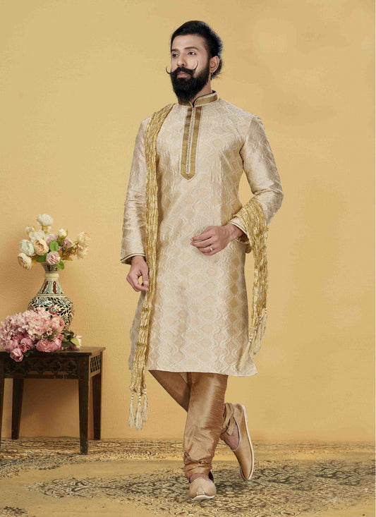 Embroidered Jacquard Silk Beige Kurta Pyjama - M1733