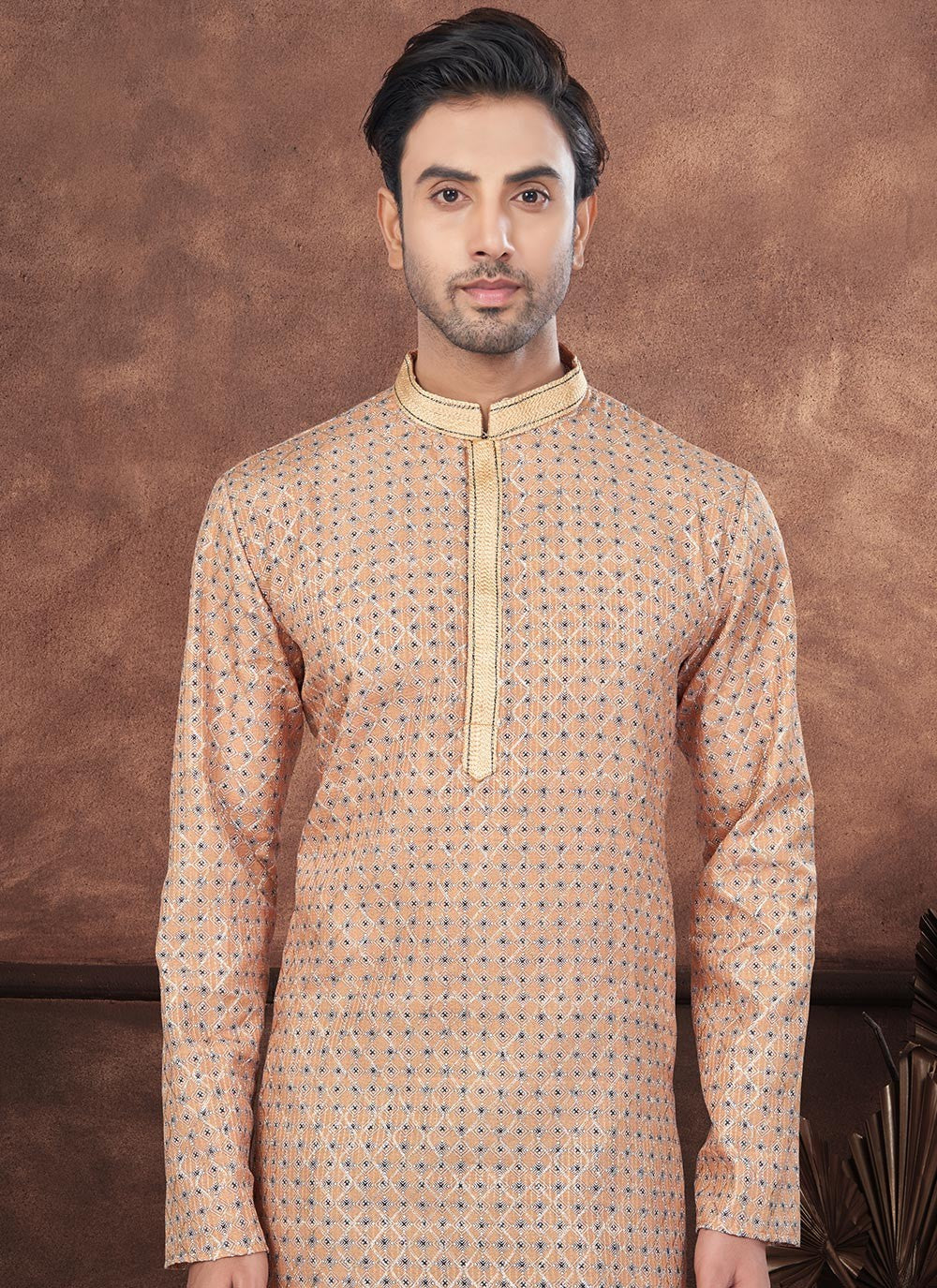 Digital Print Jacquard Beige Kurta Pyjama - M8685