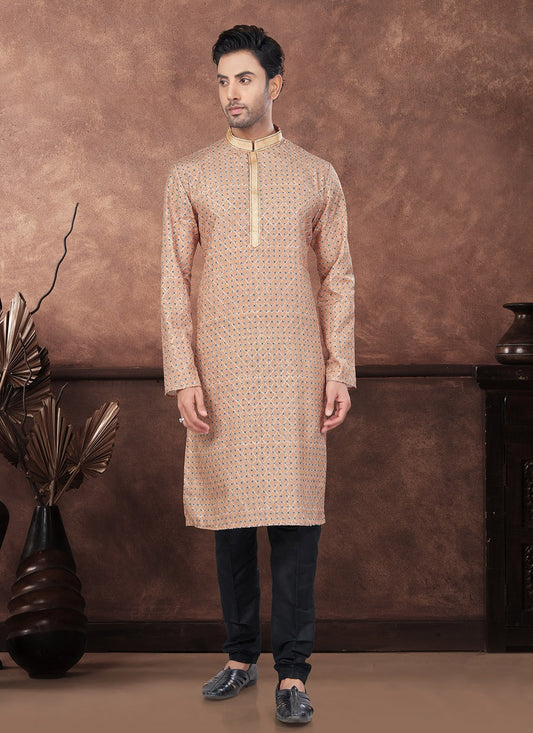 Digital Print Jacquard Beige Kurta Pyjama - M8685