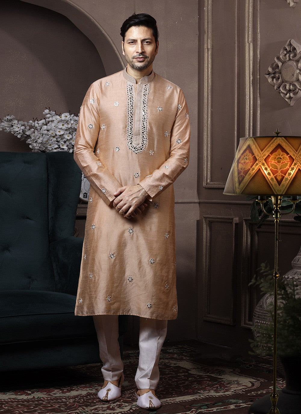 Embroidered Silk Beige Kurta Pyjama - M3635