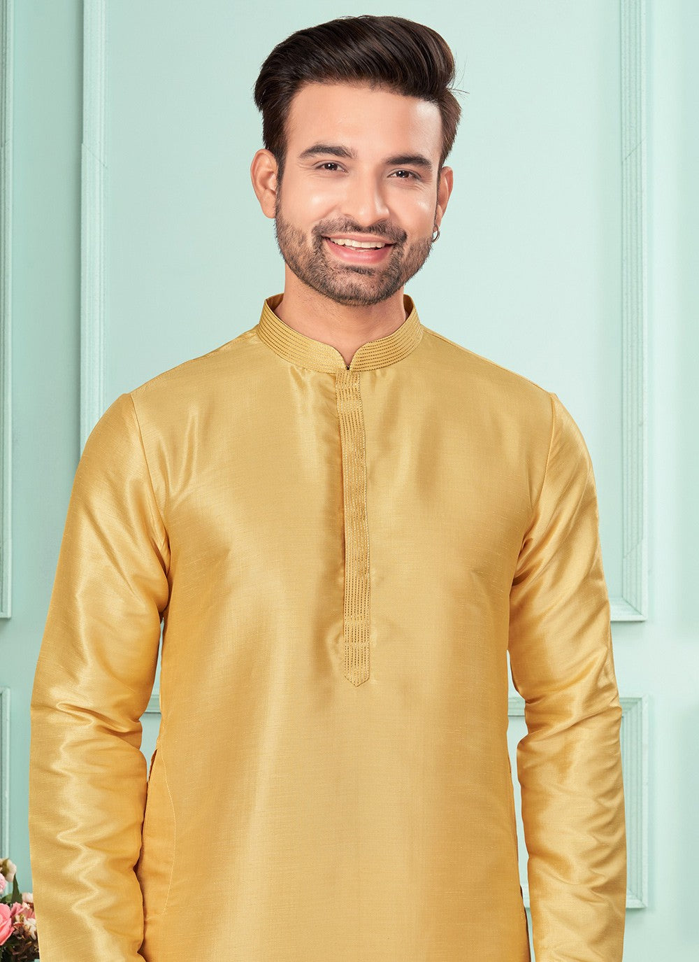 Fancy Work Art Dupion Silk Beige Kurta Pyjama - M7257