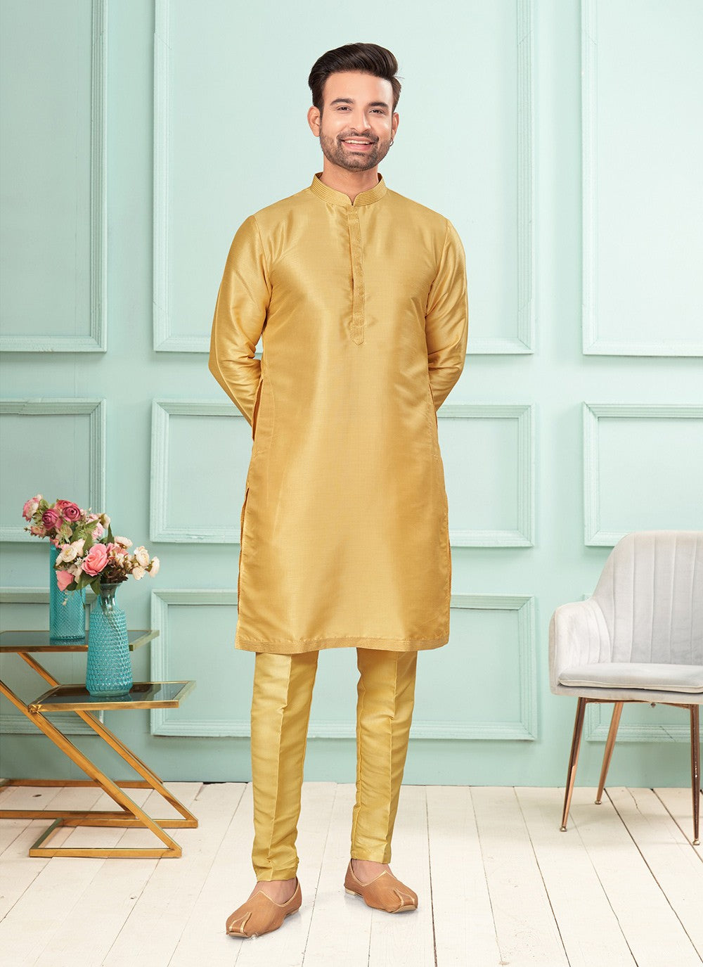 Fancy Work Art Dupion Silk Beige Kurta Pyjama - M7257