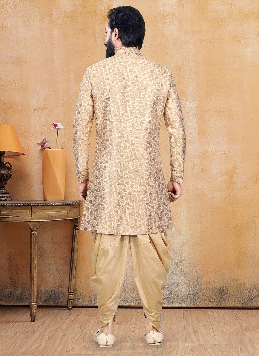 Fancy Work Jacquard Beige Dhoti Kurta - M3388