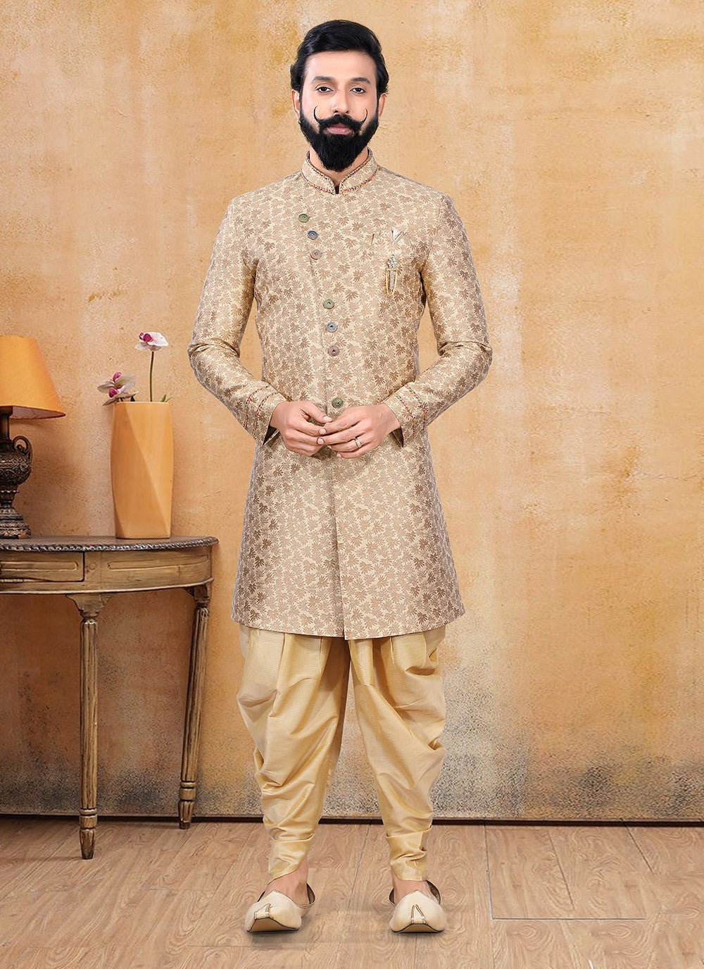 Fancy Work Jacquard Beige Dhoti Kurta - M3388