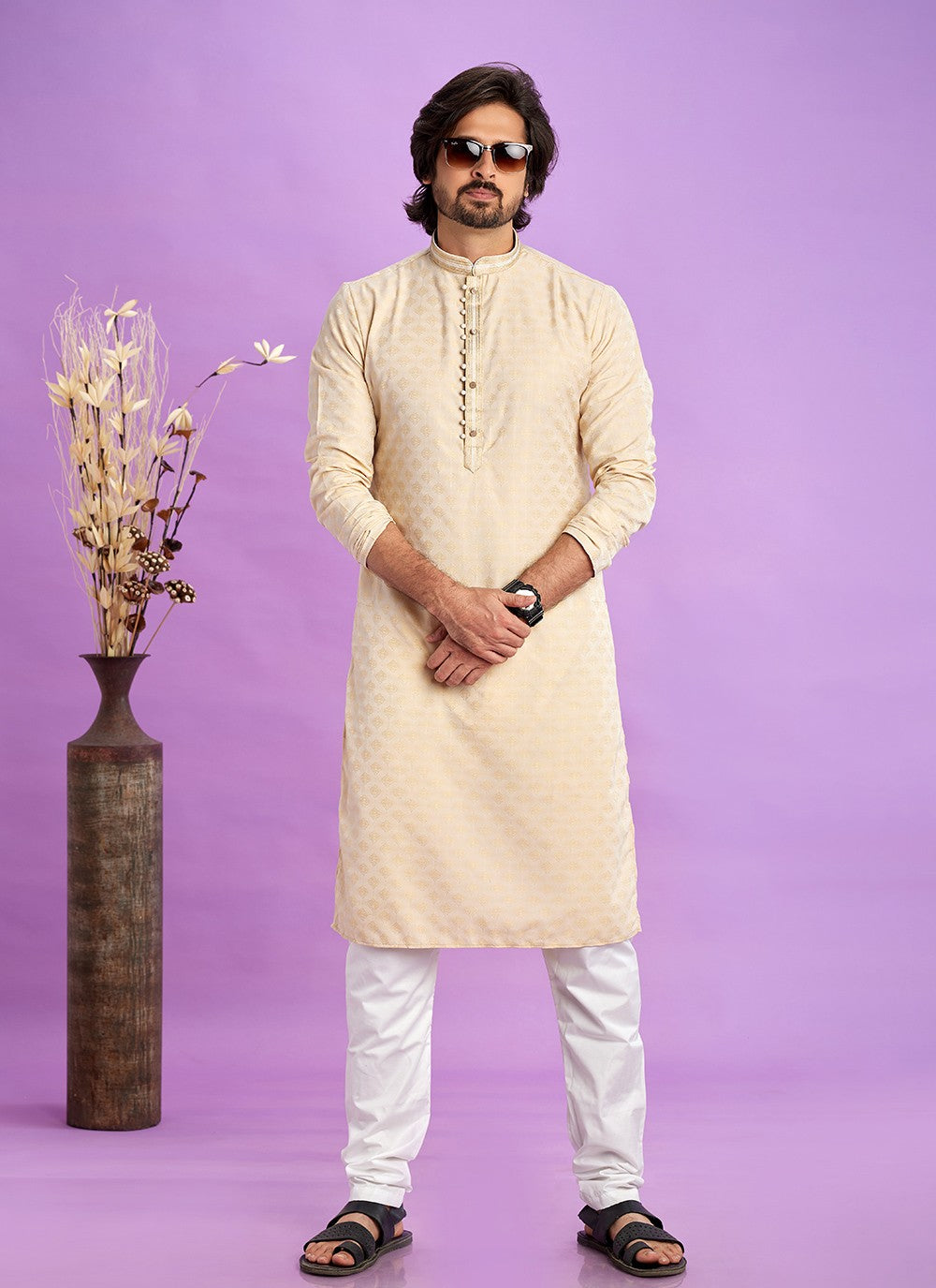 Fancy Work Jacquard Silk Beige Kurta Pyjama - M6920