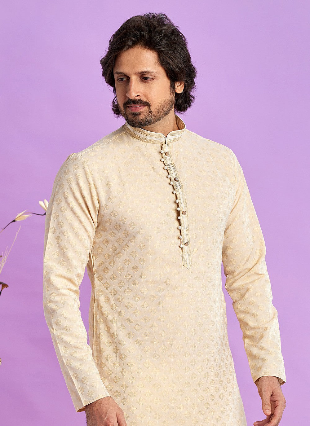 Fancy Work Jacquard Silk Beige Kurta Pyjama - M6920