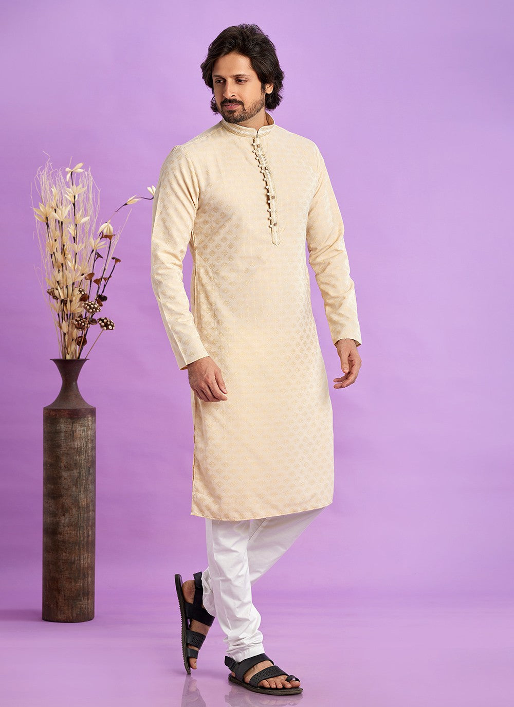 Fancy Work Jacquard Silk Beige Kurta Pyjama - M6920