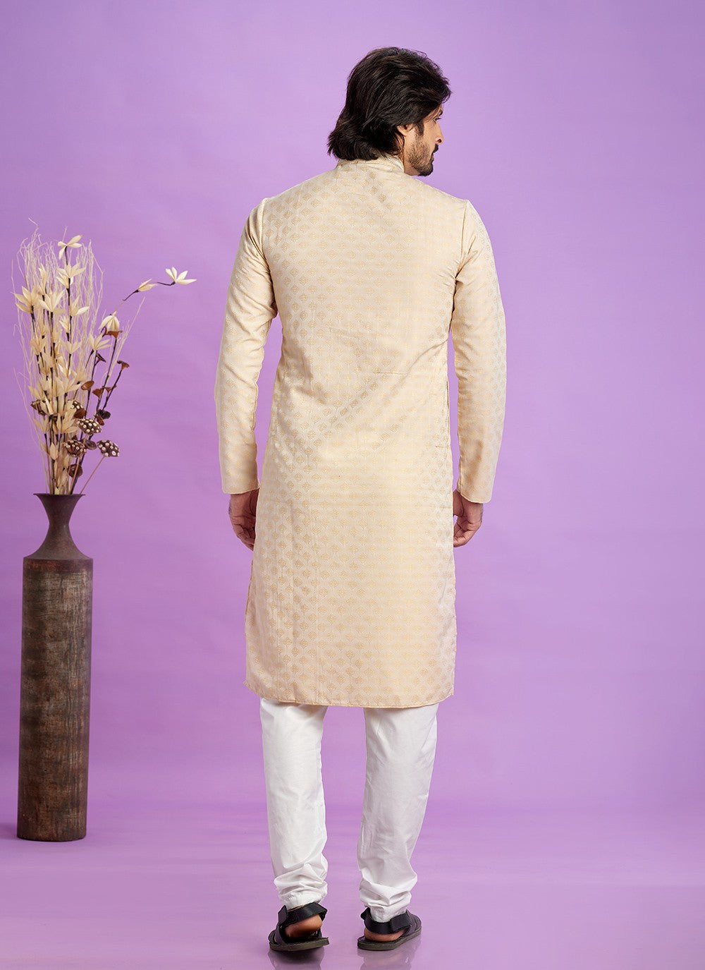 Fancy Work Jacquard Silk Beige Kurta Pyjama - M6920