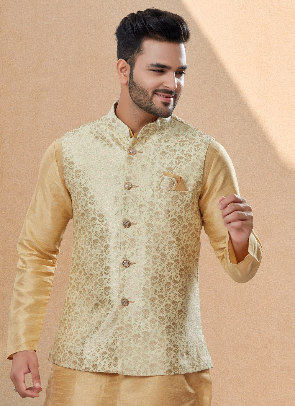 Jacquard Work Banarasi Silk, Dupion Silk Beige Kurta Payjama With Jacket - M4030