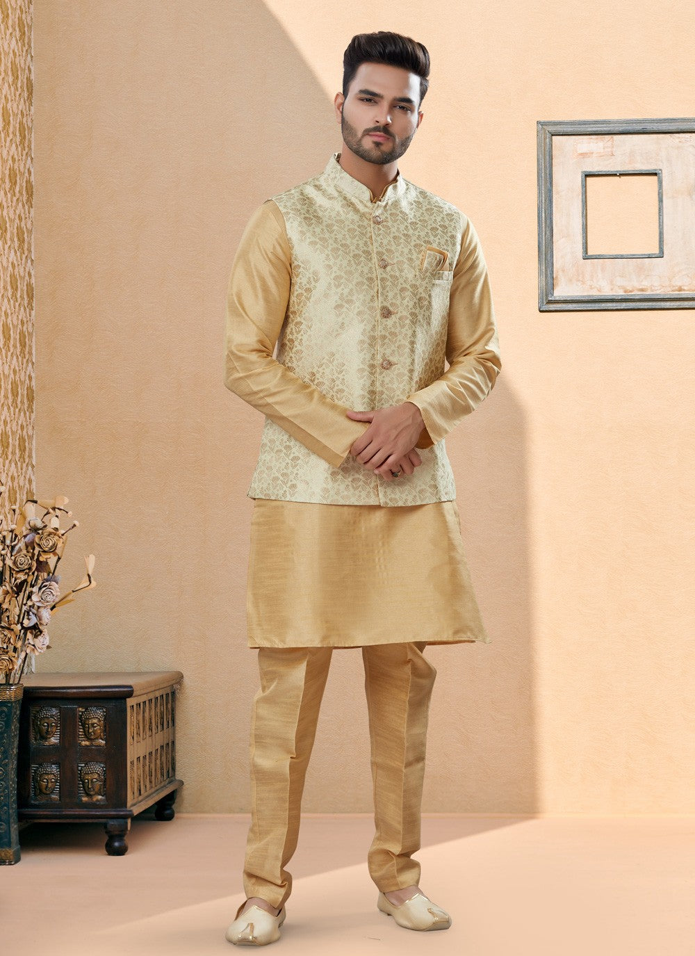 Jacquard Work Banarasi Silk, Dupion Silk Beige Kurta Payjama With Jacket - M4030